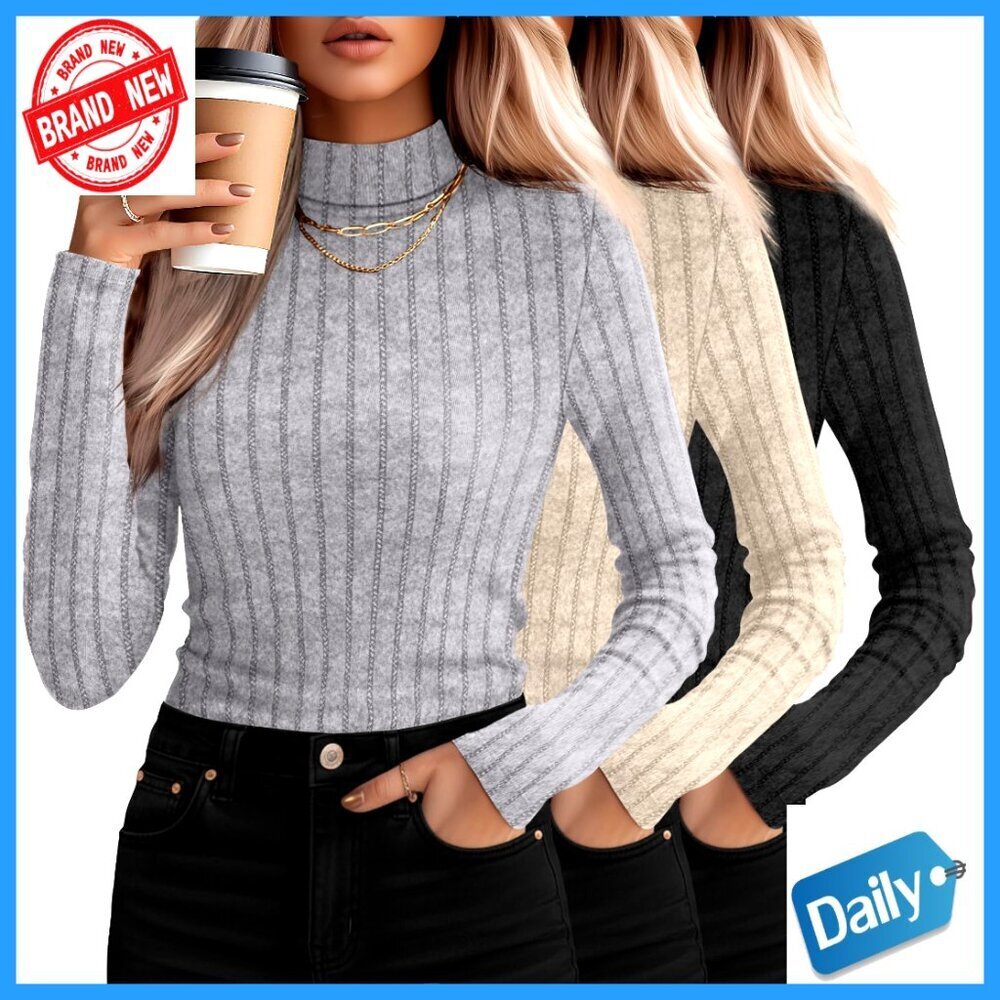 Long Sleeve Mock Turtleneck Sweater Set, Ribbed Knit Pullover, Thermal Top